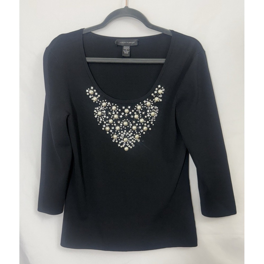 Cable & Gauge‎ Black Embellished Top Faux Pearls & Rhinestones 3/4 Sleeve Size M